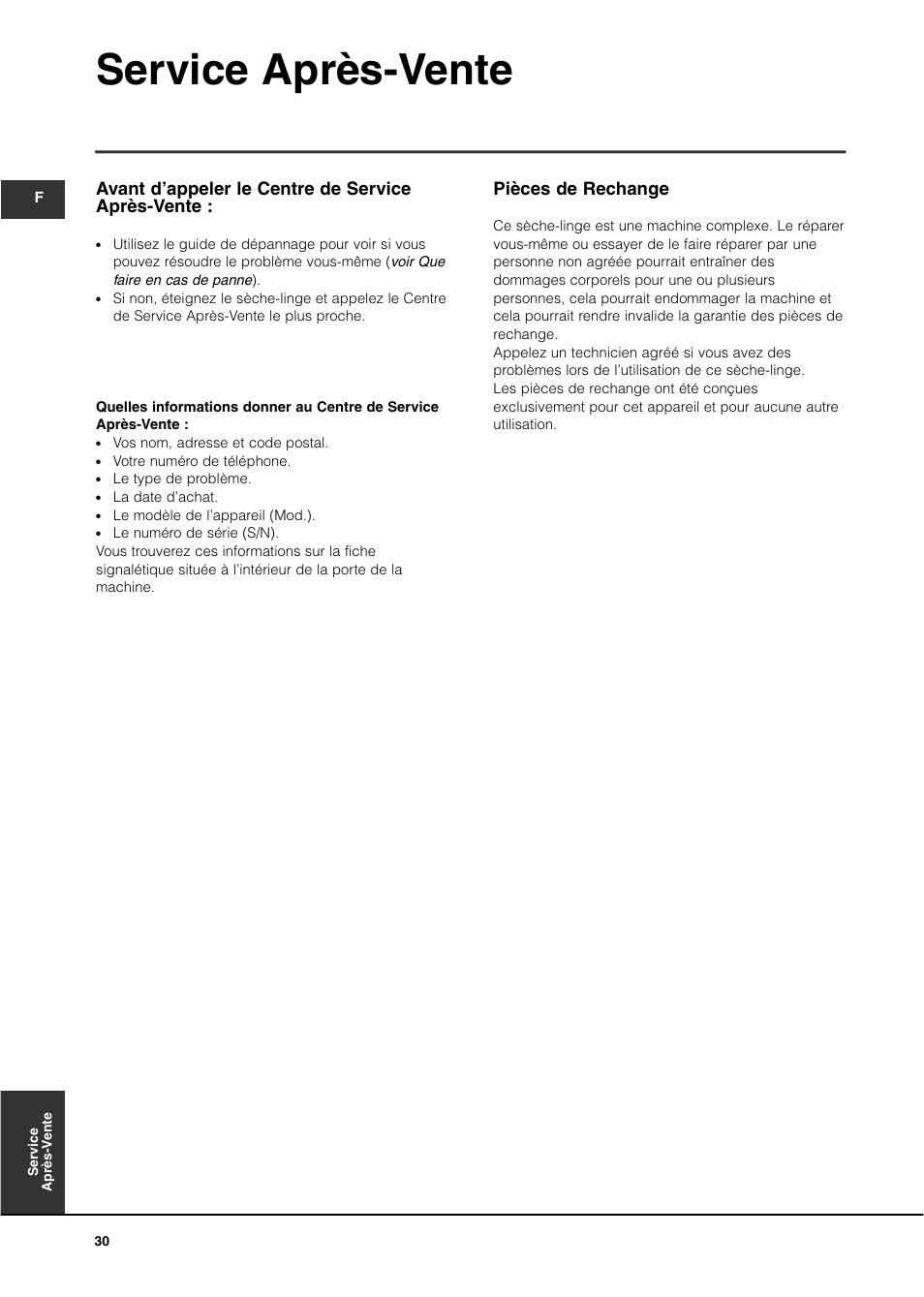 Service après-vente, Pièces de rechange, Avant d’appeler le centre de service après-vente | Indesit IS70C User Manual | Page 30 / 80
