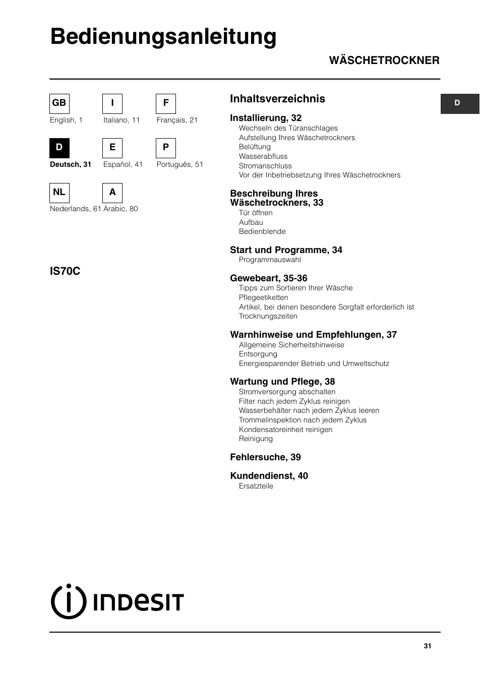 Bedienungsanleitung, Inhaltsverzeichnis wäschetrockner is70c | Indesit IS70C User Manual | Page 31 / 80