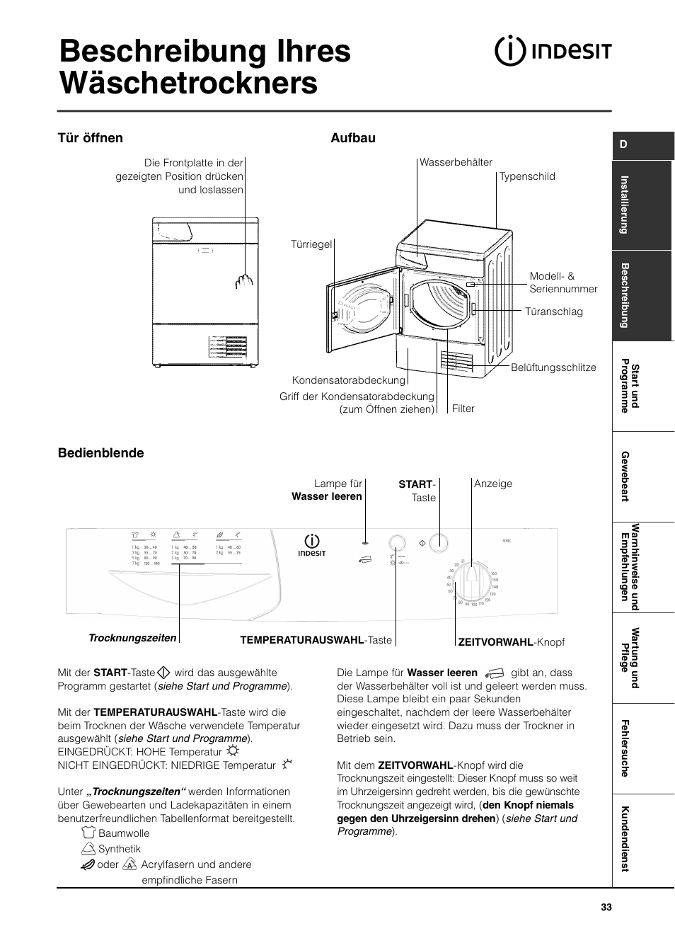 Beschreibung ihres wäschetrockners, Bedienblende tür öffnen aufbau | Indesit IS70C User Manual | Page 33 / 80