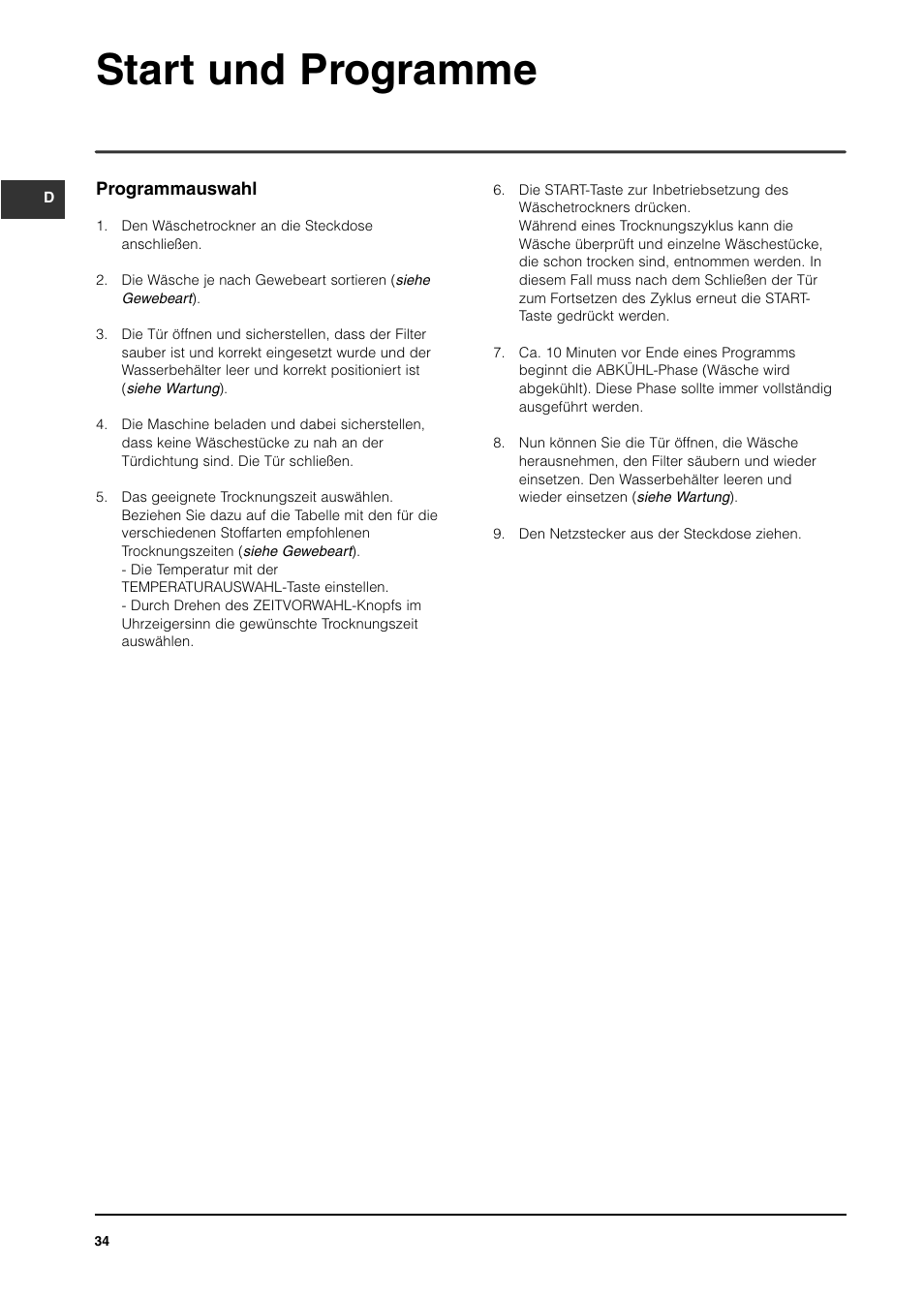 Start und programme | Indesit IS70C User Manual | Page 34 / 80