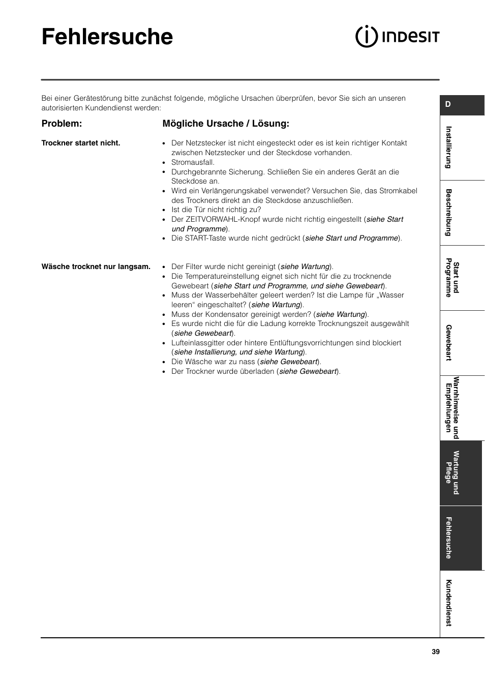 Fehlersuche, Problem, Mögliche ursache / lösung | Indesit IS70C User Manual | Page 39 / 80