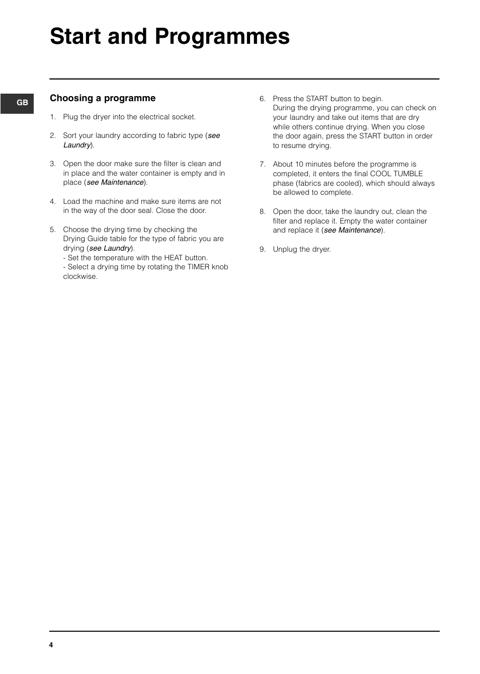 Start and programmes | Indesit IS70C User Manual | Page 4 / 80