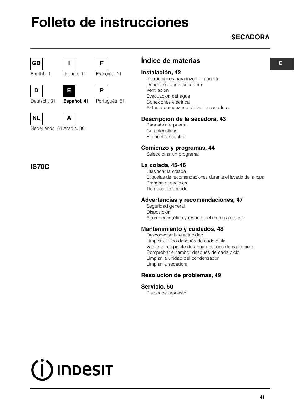 Folleto de instrucciones, Índice de materias secadora is70c | Indesit IS70C User Manual | Page 41 / 80