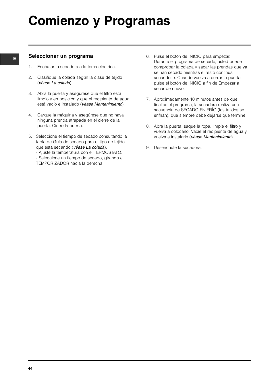 Comienzo y programas | Indesit IS70C User Manual | Page 44 / 80