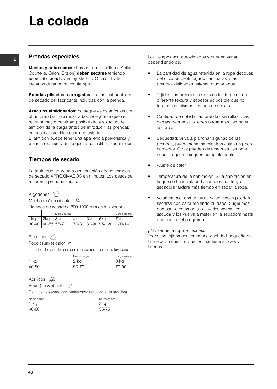 La colada, Prendas especiales, Tiempos de secado | Indesit IS70C User Manual | Page 46 / 80