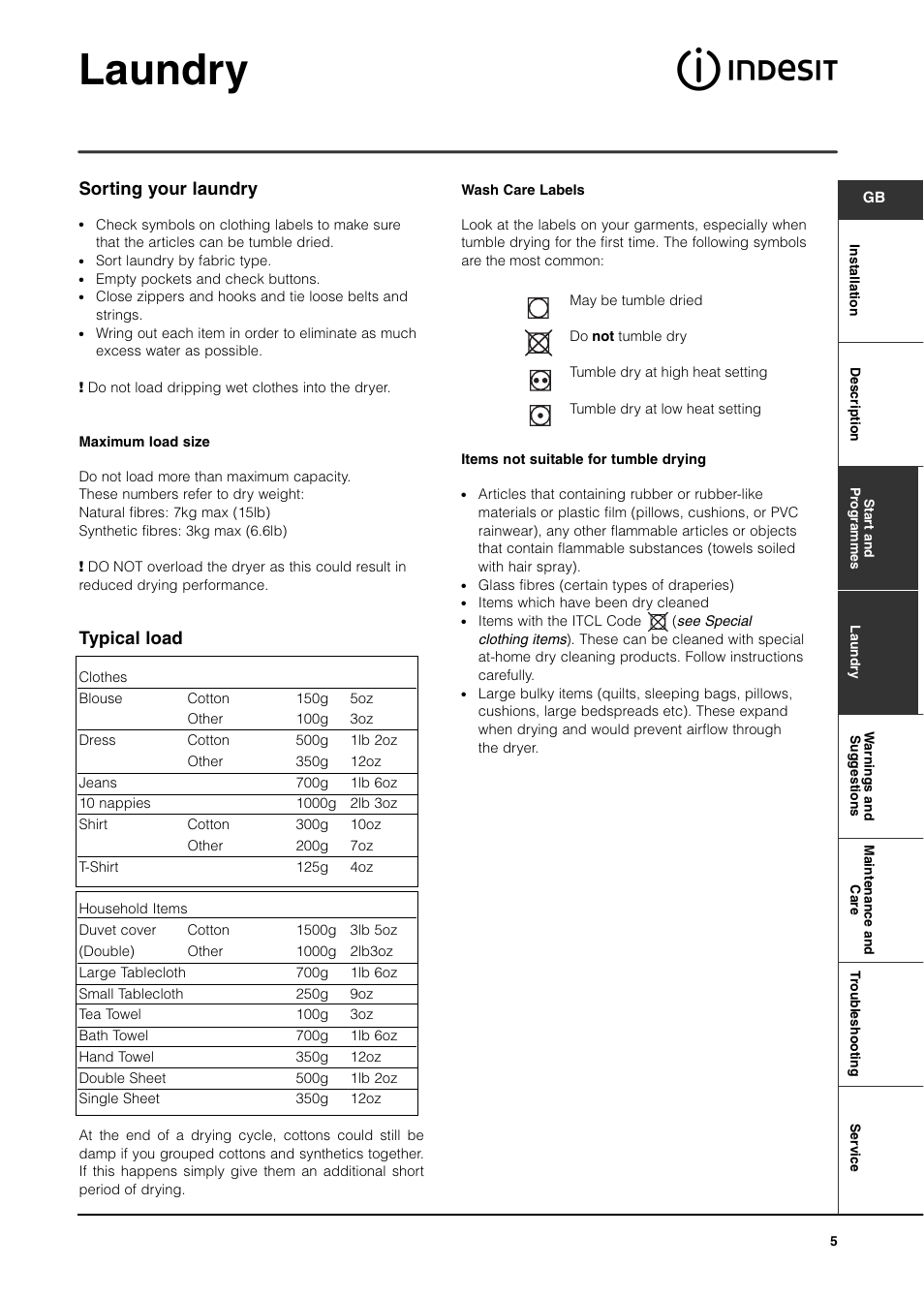 Laundry, Sorting your laundry, Typical load | Indesit IS70C User Manual | Page 5 / 80