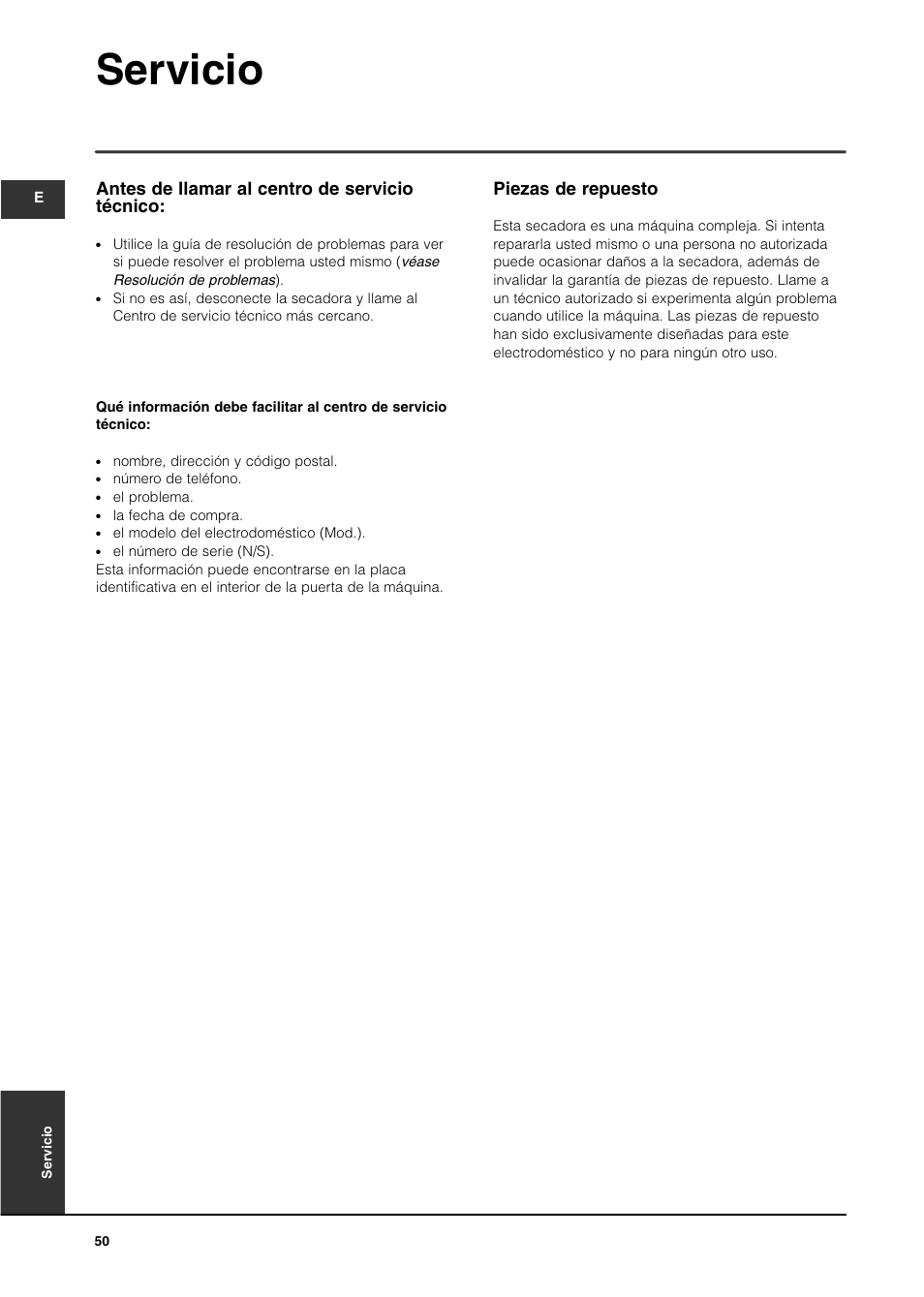 Servicio, Piezas de repuesto, Antes de llamar al centro de servicio técnico | Indesit IS70C User Manual | Page 50 / 80