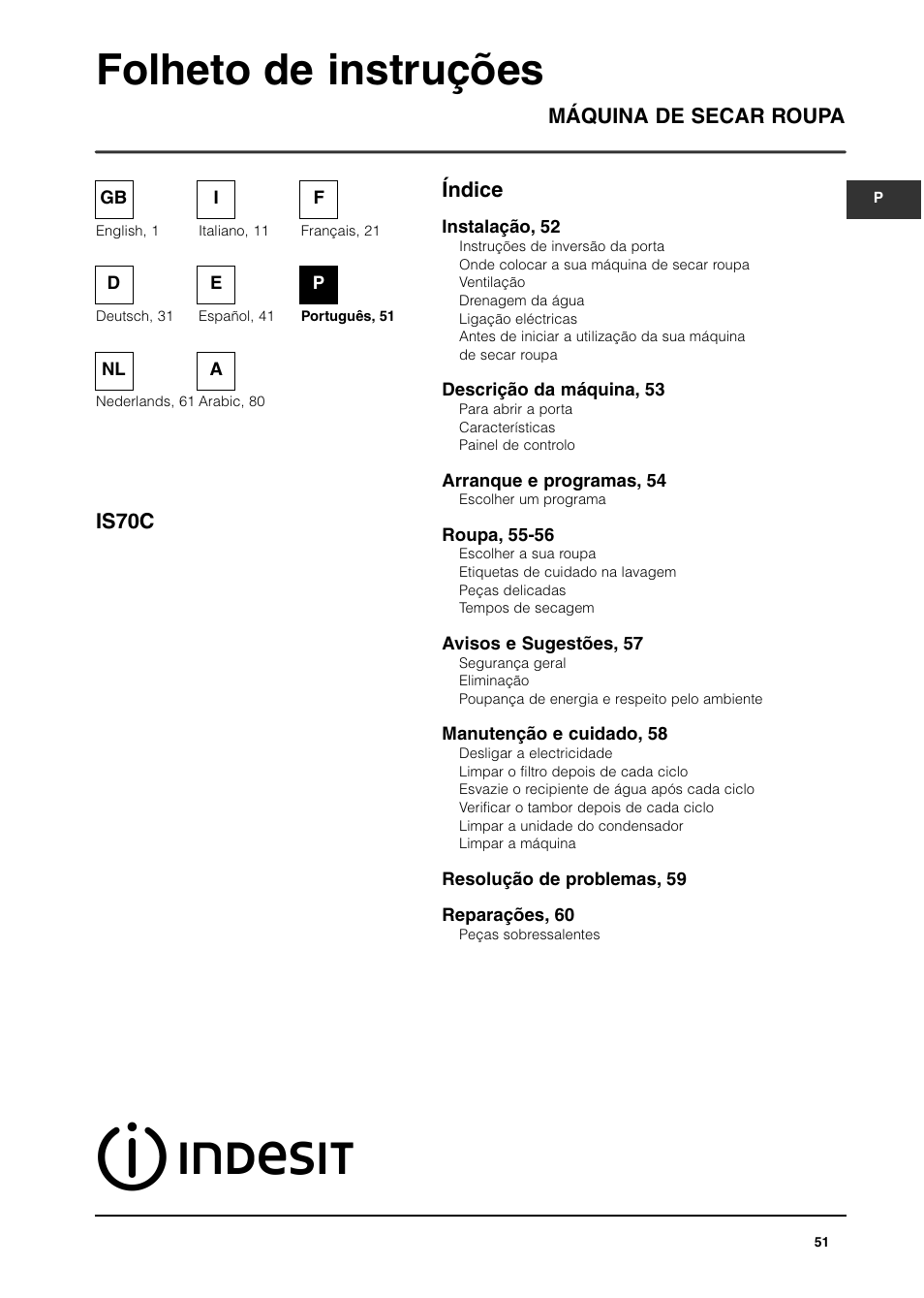 Folheto de instruções, Índice máquina de secar roupa is70c | Indesit IS70C User Manual | Page 51 / 80