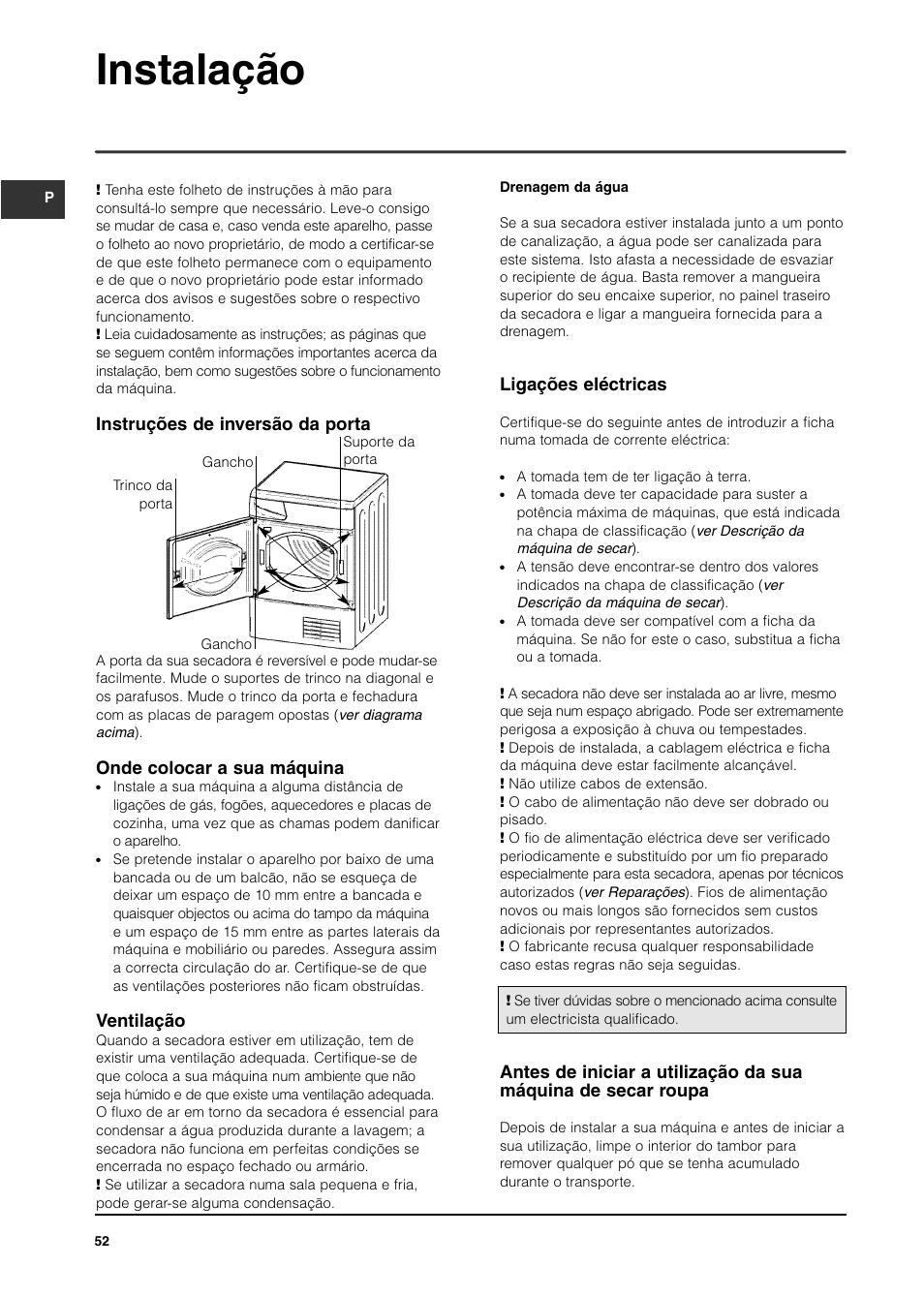 Instalação, Instruções de inversão da porta, Onde colocar a sua máquina | Ventilação, Ligações eléctricas | Indesit IS70C User Manual | Page 52 / 80