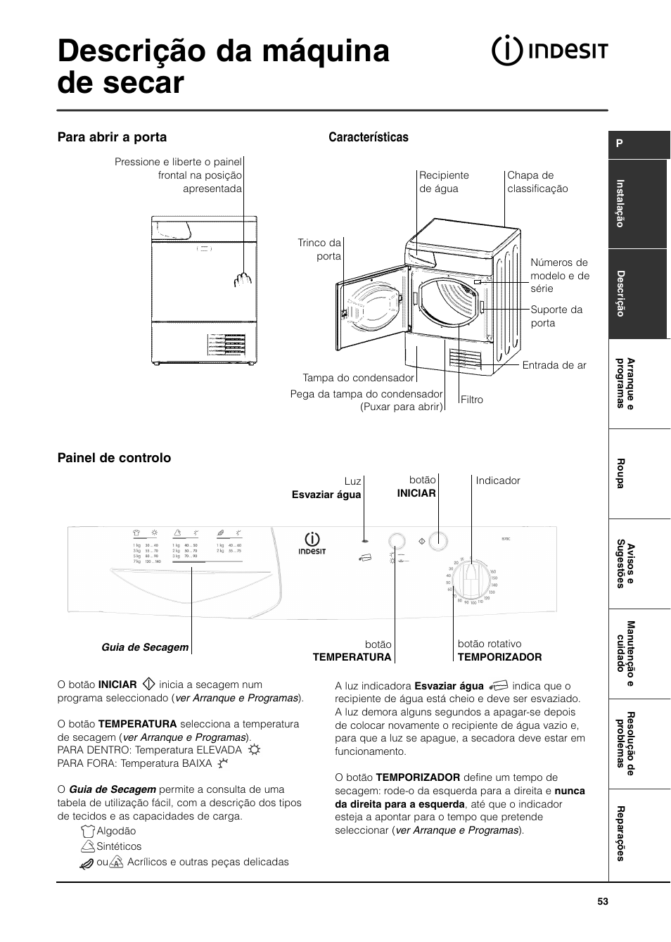 Descrição da máquina de secar | Indesit IS70C User Manual | Page 53 / 80