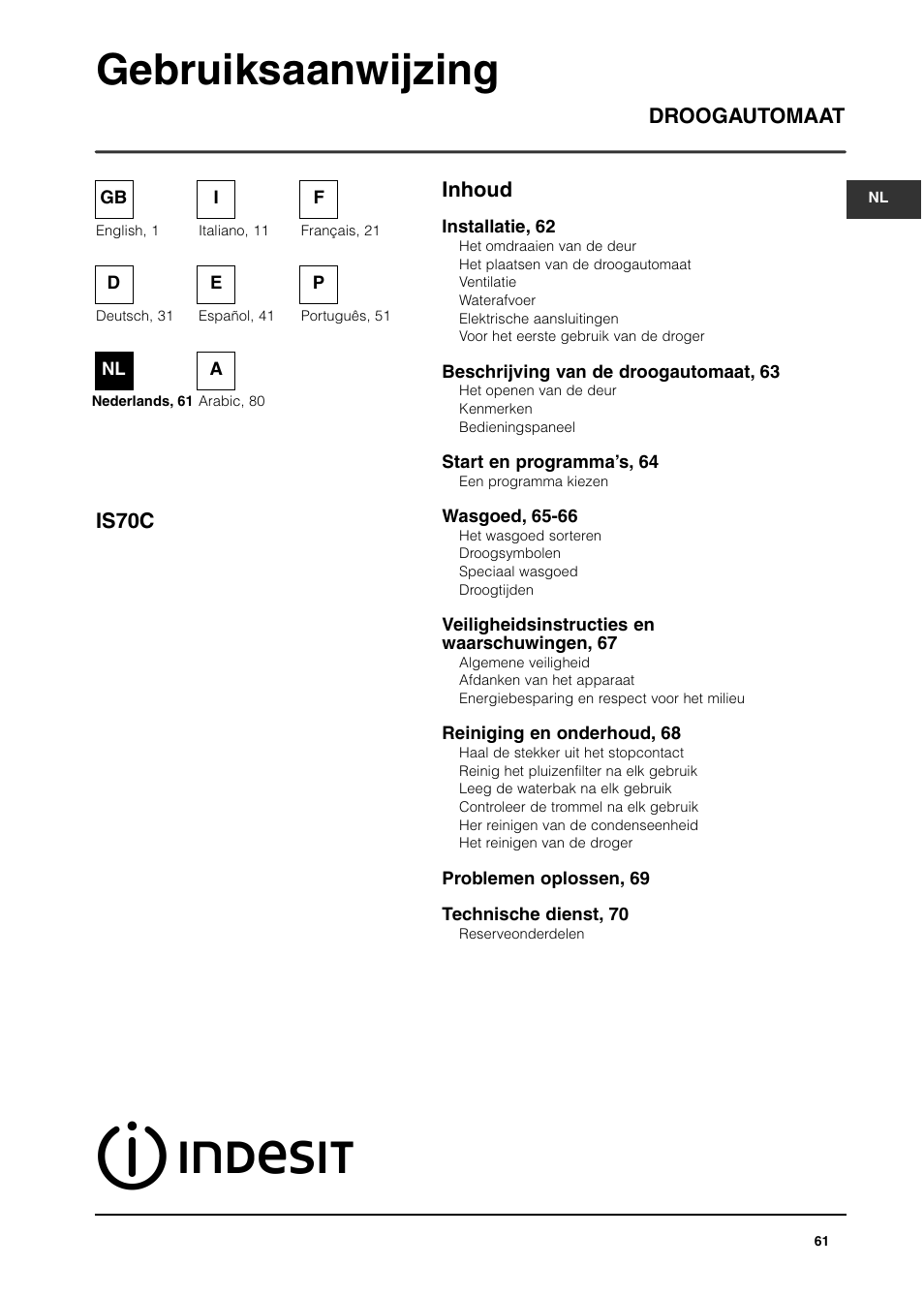 Gebruiksaanwijzing, Inhoud droogautomaat is70c | Indesit IS70C User Manual | Page 61 / 80