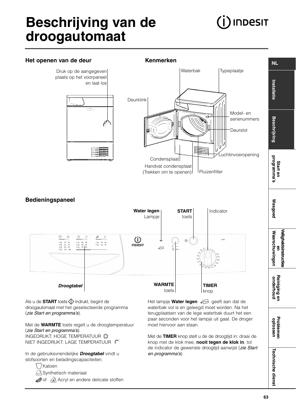 Beschrijving van de droogautomaat, Bedieningspaneel het openen van de deur kenmerken | Indesit IS70C User Manual | Page 63 / 80