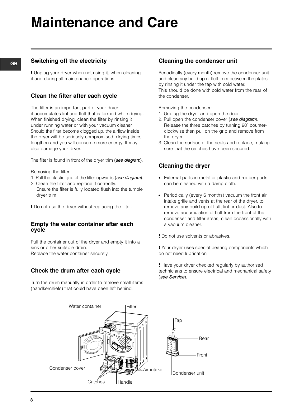 Maintenance and care | Indesit IS70C User Manual | Page 8 / 80