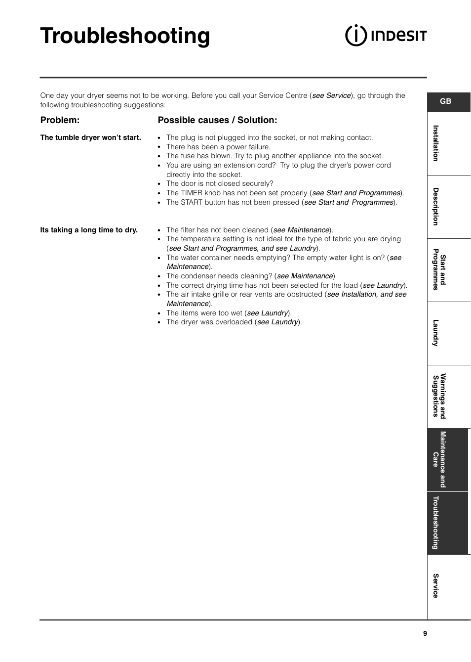 Troubleshooting, Problem, Possible causes / solution | Indesit IS70C User Manual | Page 9 / 80