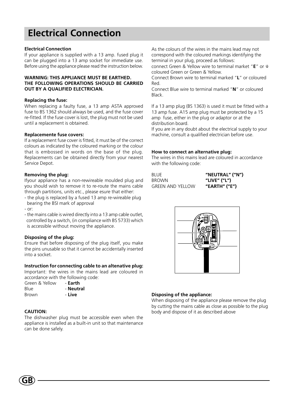 Electrical connection | Indesit DE 43 User Manual | Page 14 / 16