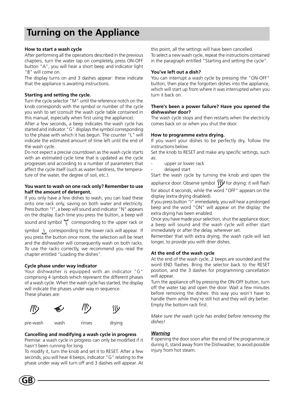 Turning on the appliance | Indesit DE 43 User Manual | Page 8 / 16