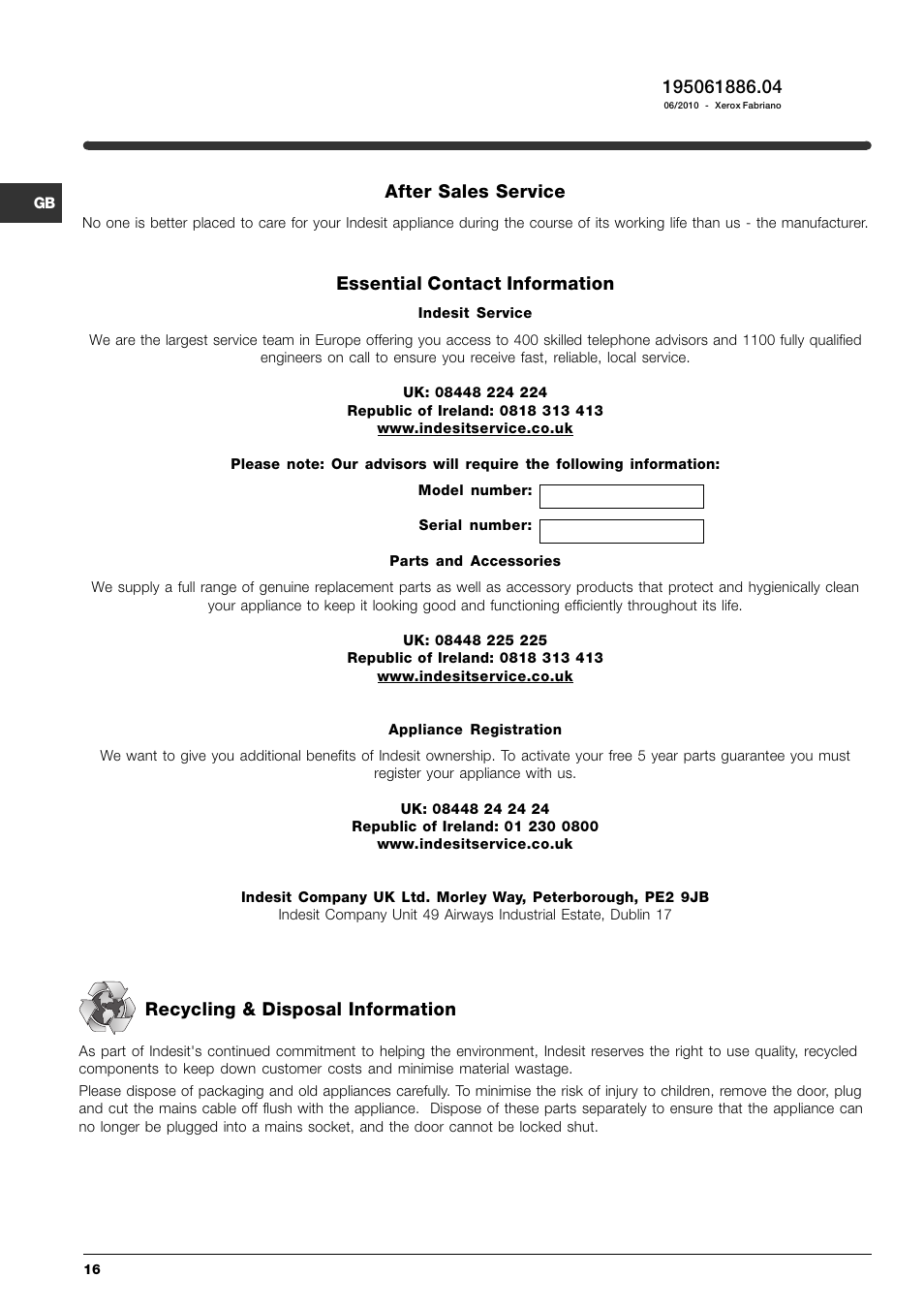 After sales service, Essential contact information, Recycling & disposal information | Indesit SIXL 145 S User Manual | Page 16 / 16