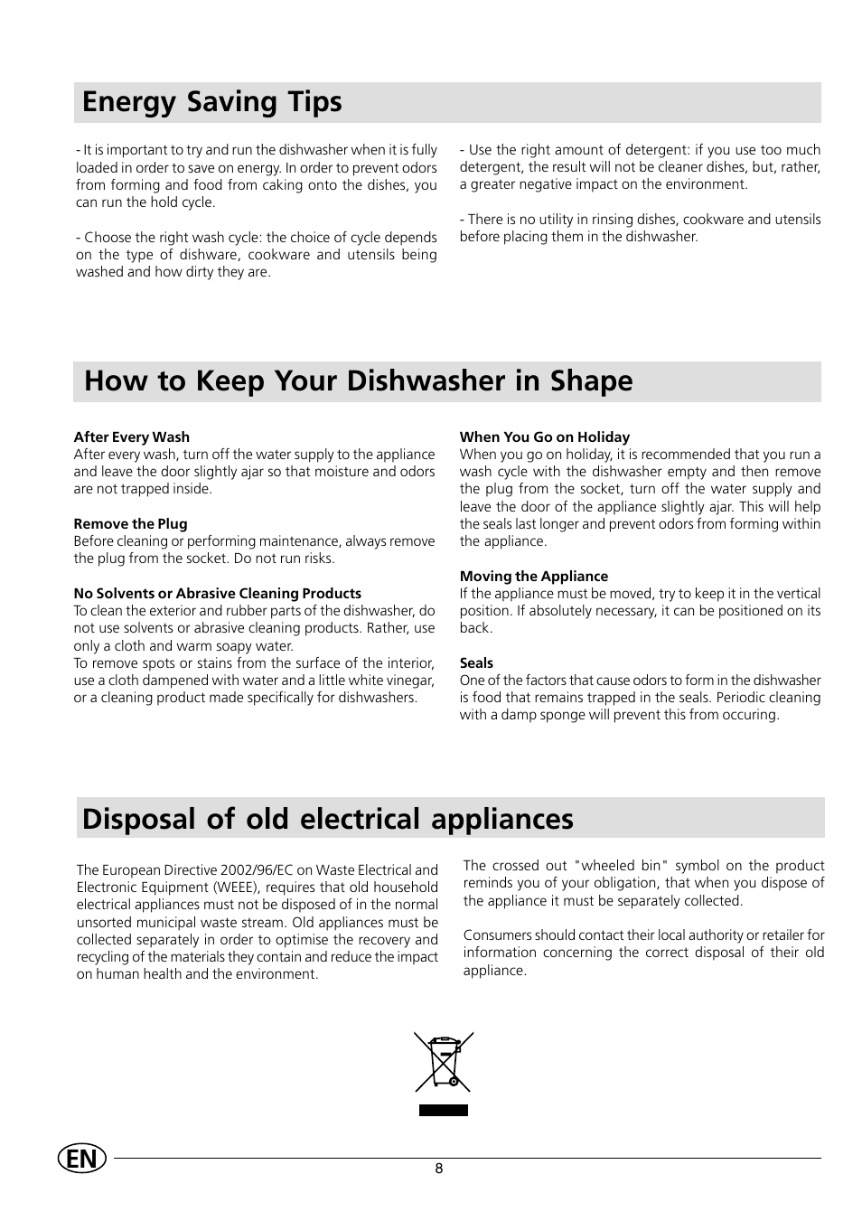 Energy saving tips, How to keep your dishwasher in shape, Disposal of old electrical appliances | Indesit IDL 535 User Manual | Page 10 / 16
