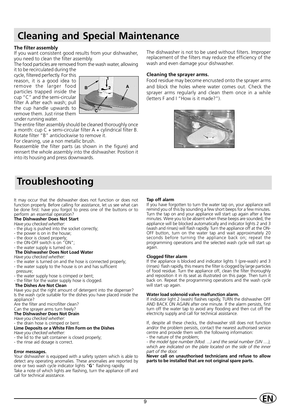 Cleaning and special maintenance, Troubleshooting | Indesit IDL 535 User Manual | Page 11 / 16