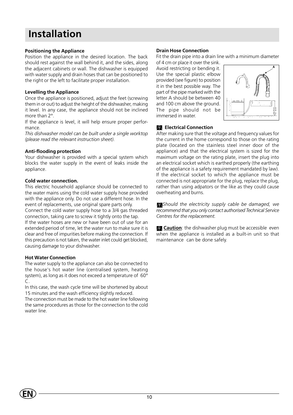 Installation | Indesit IDL 535 User Manual | Page 12 / 16