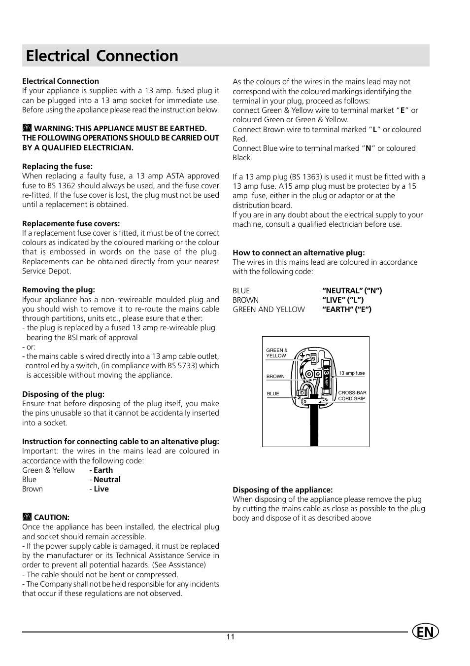 Electrical connection | Indesit IDL 535 User Manual | Page 13 / 16