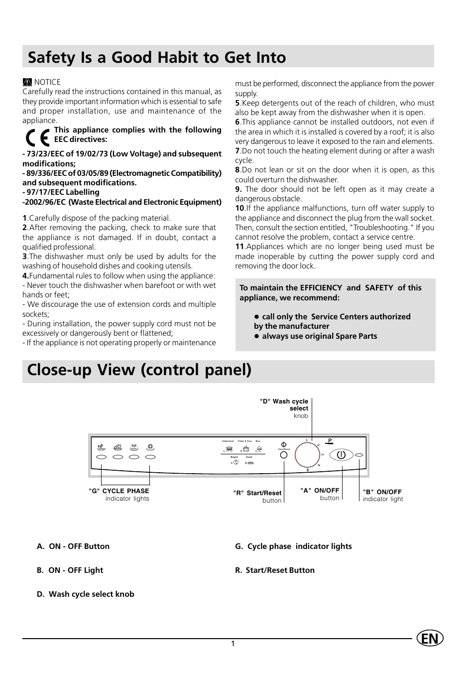 Safety is a good habit to get into, Close-up view (control panel), Always use original spare parts | Indesit IDL 535 User Manual | Page 3 / 16