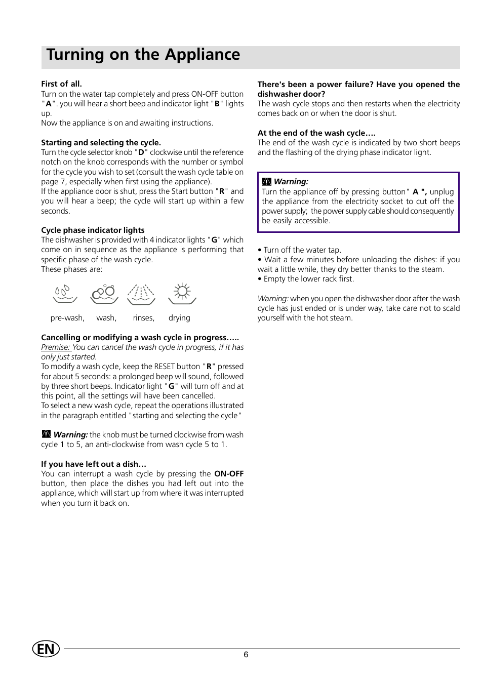 Turning on the appliance | Indesit IDL 535 User Manual | Page 8 / 16