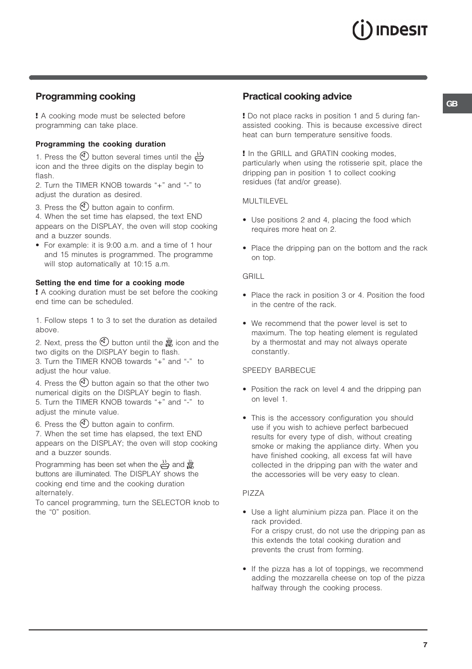 Programming cooking, Practical cooking advice | Indesit IF 89 K GP.A IX UK User Manual | Page 7 / 12