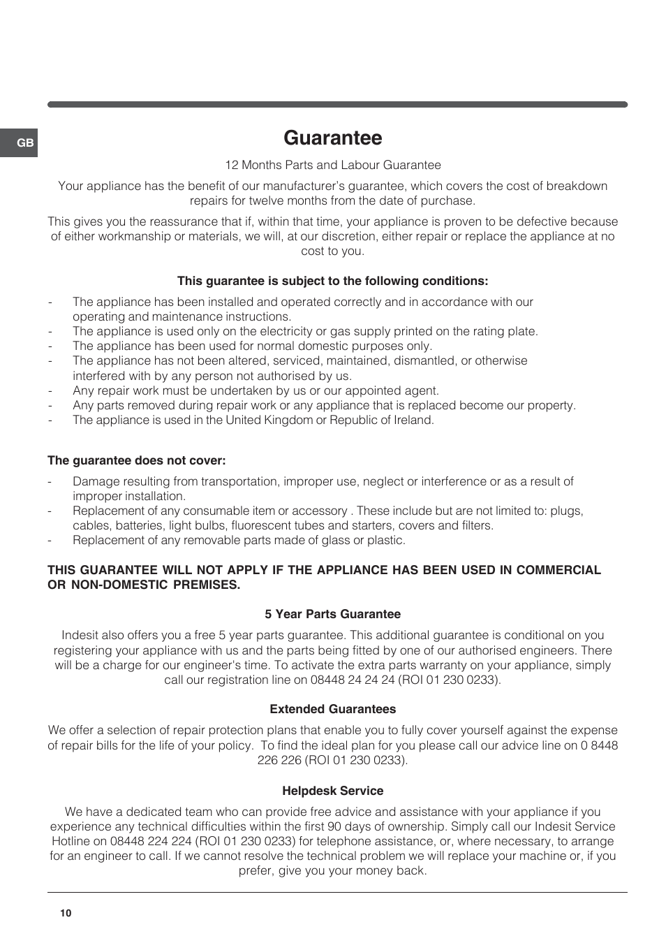 Guarantee | Indesit IN FS 1211 UK User Manual | Page 10 / 12