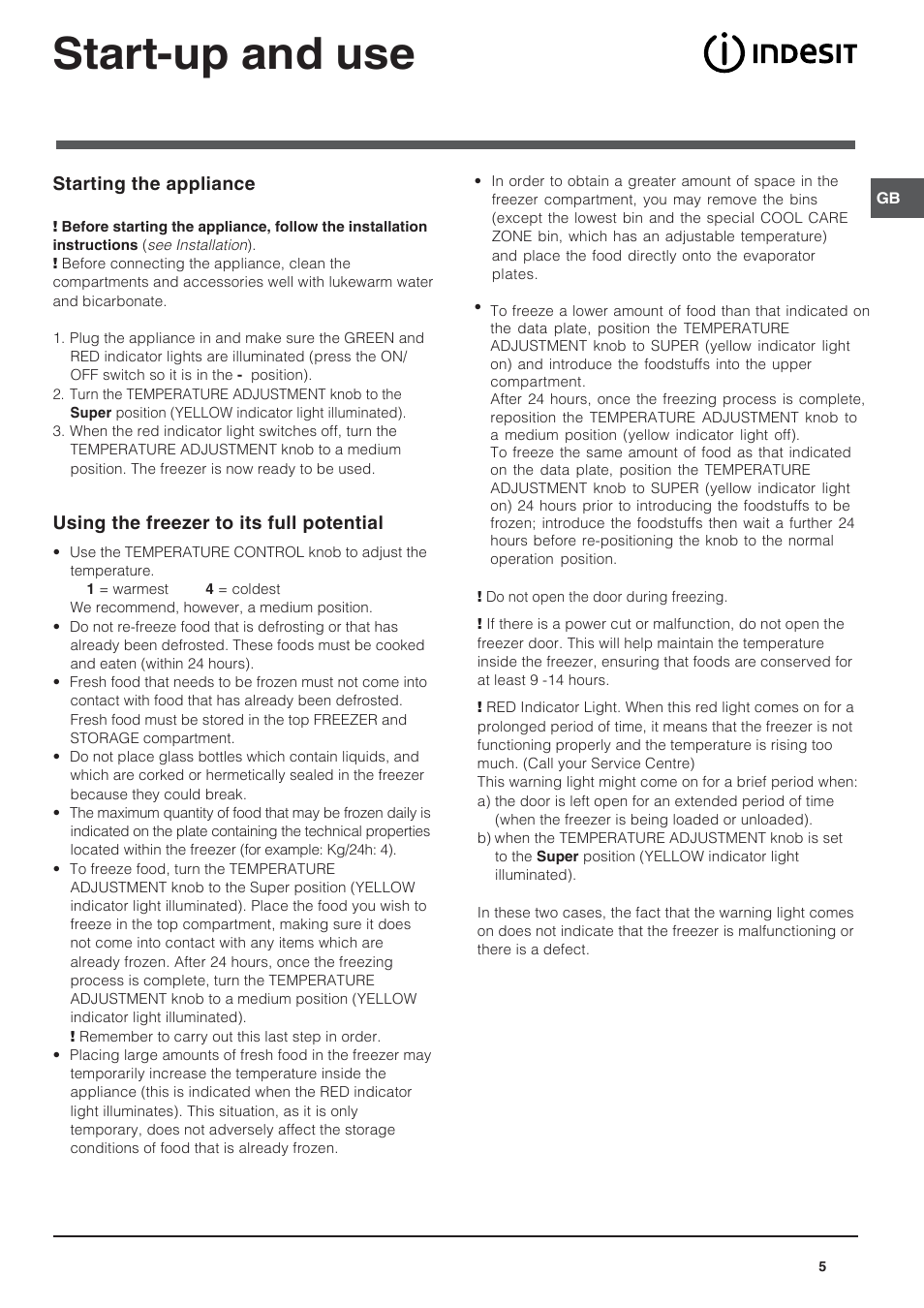 Start-up and use | Indesit IN FS 1211 UK User Manual | Page 5 / 12