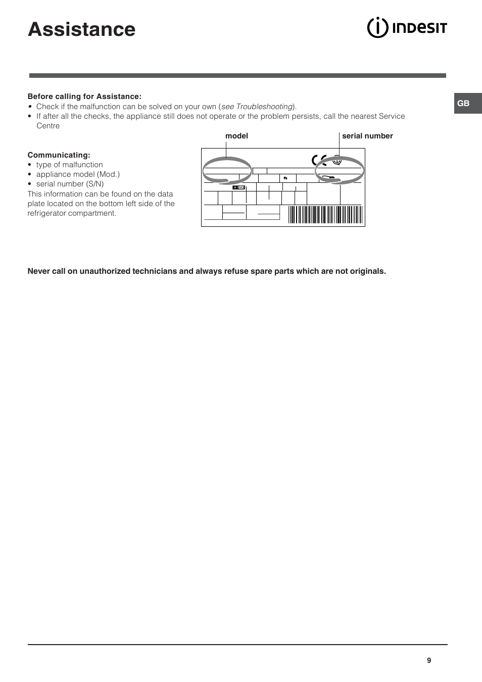 Assistance, Model serial number | Indesit IN FS 1211 UK User Manual | Page 9 / 12