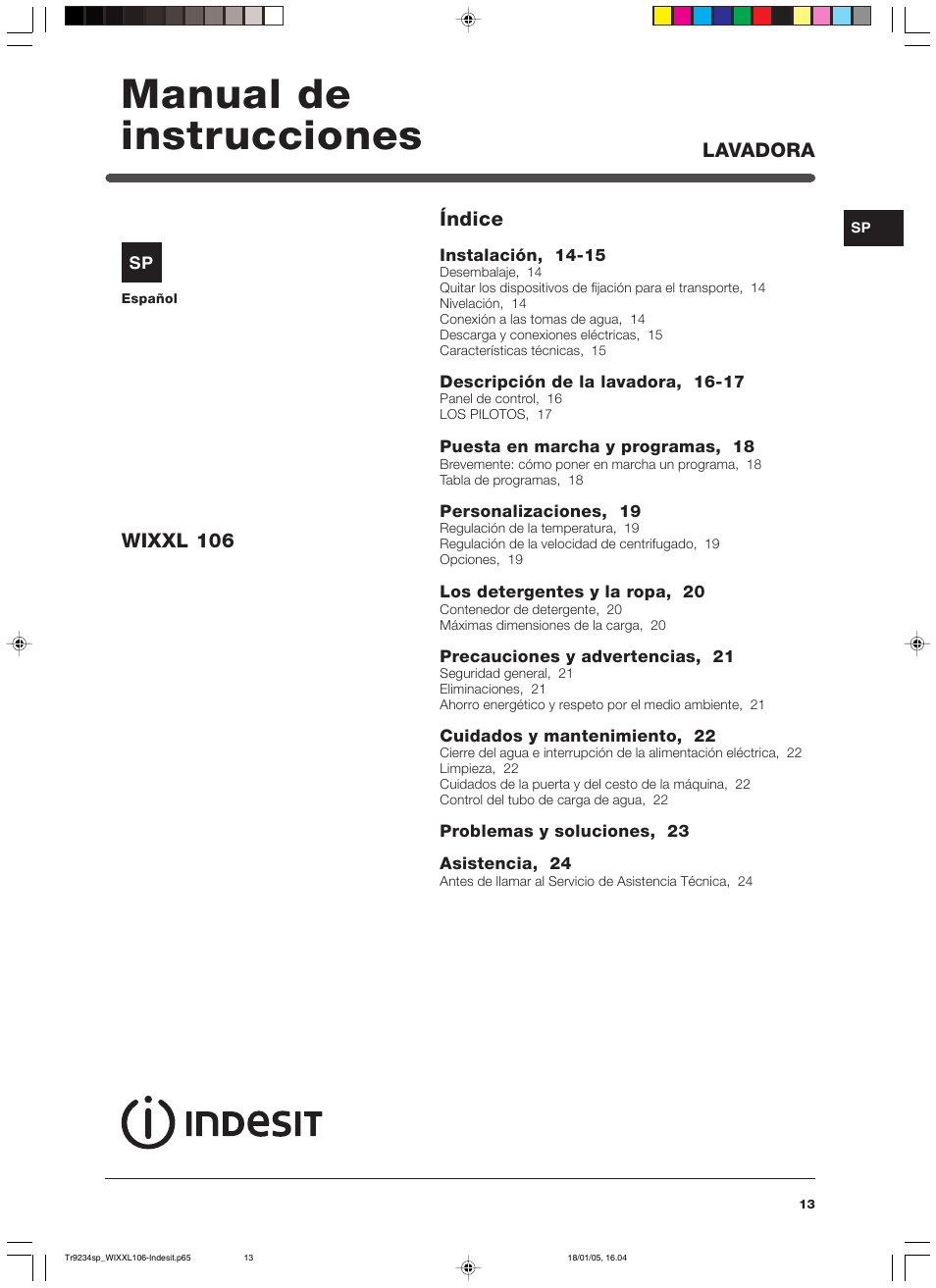 Manual de instrucciones, Lavadora wixxl 106, Índice | Indesit WIXXL 106 User Manual | Page 13 / 84