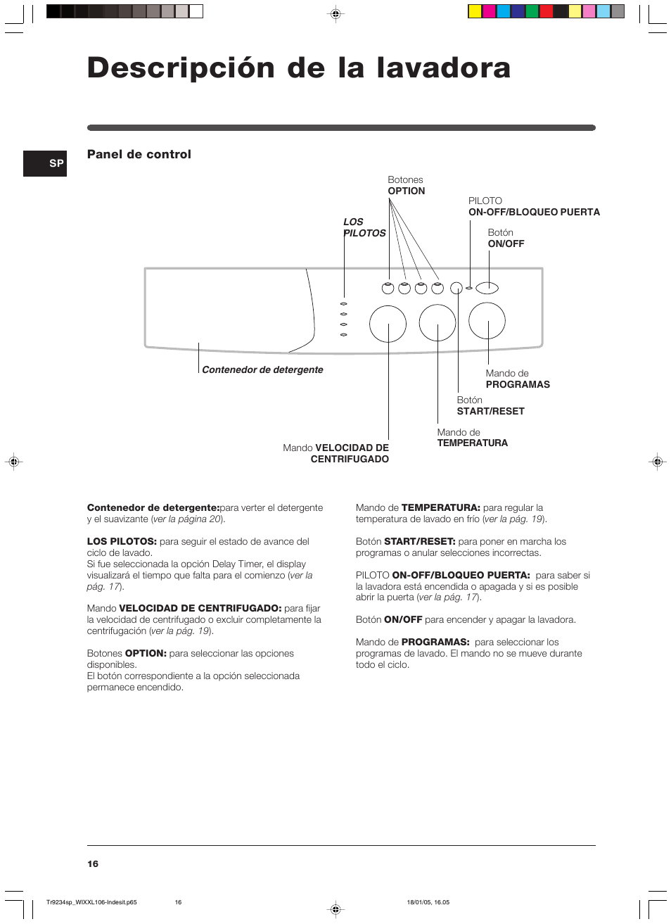 Descripción de la lavadora, Panel de control | Indesit WIXXL 106 User Manual | Page 16 / 84