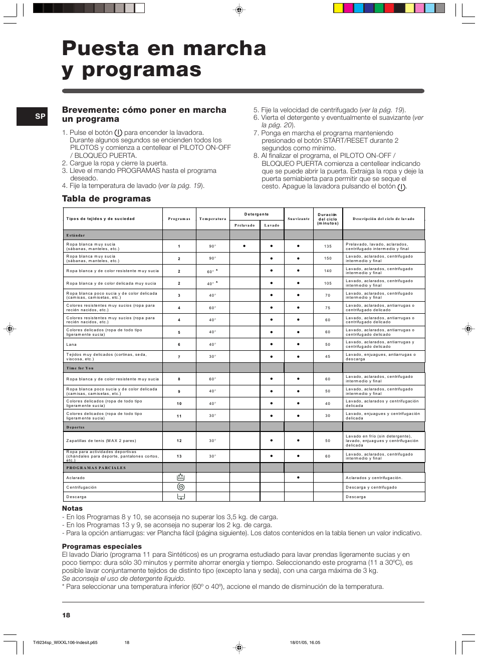 Puesta en marcha y programas, Brevemente: cómo poner en marcha un programa, Tabla de programas | Indesit WIXXL 106 User Manual | Page 18 / 84