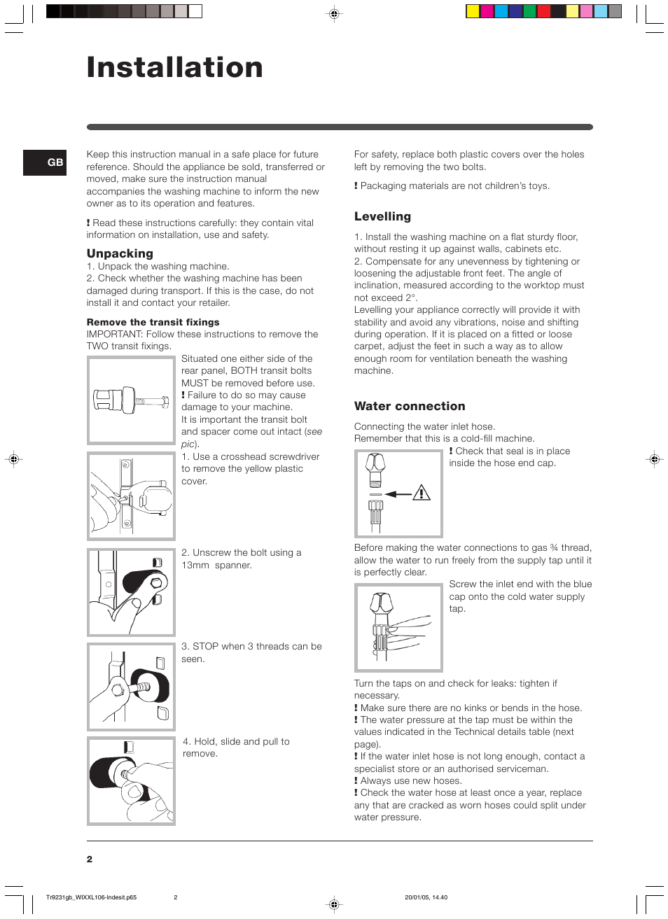 Installation | Indesit WIXXL 106 User Manual | Page 2 / 84