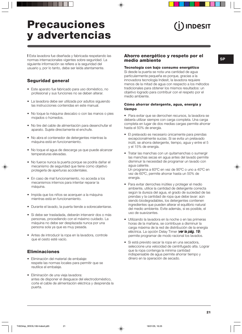 Precauciones y advertencias | Indesit WIXXL 106 User Manual | Page 21 / 84
