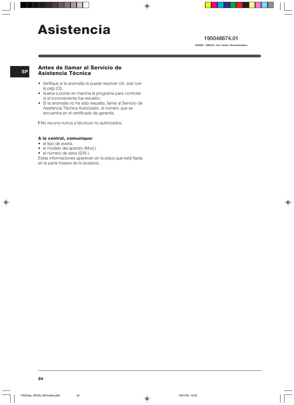 Asistencia | Indesit WIXXL 106 User Manual | Page 24 / 84