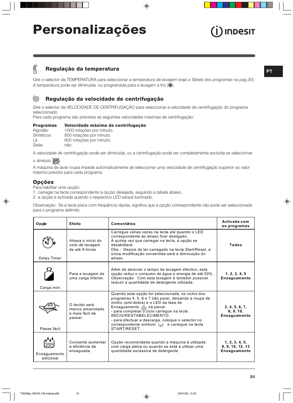 Personalizações, Regulação da temperatura, Regulação da velocidade de centrifugação | Opções | Indesit WIXXL 106 User Manual | Page 31 / 84