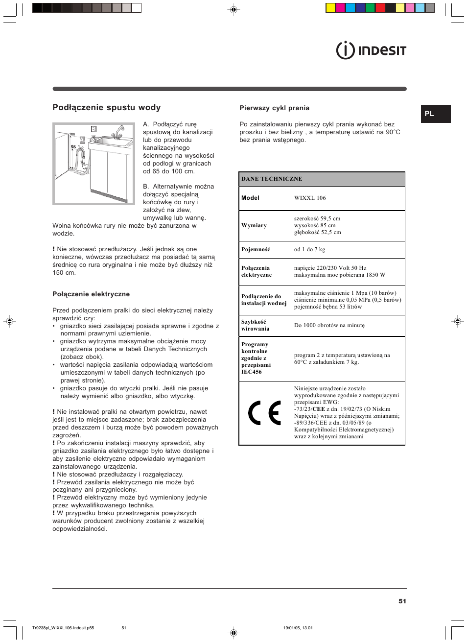 Podłączenie spustu wody | Indesit WIXXL 106 User Manual | Page 51 / 84