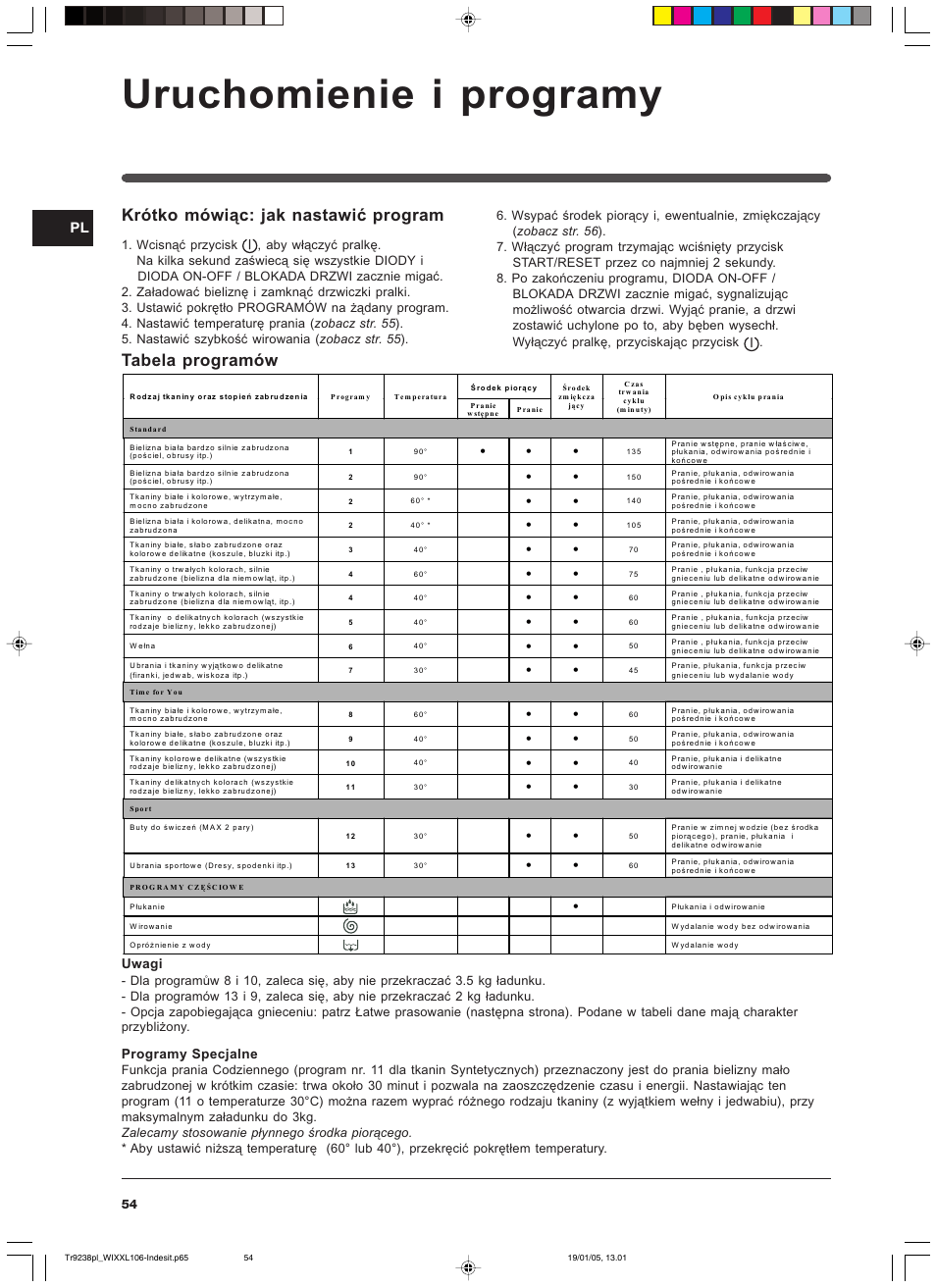 Uruchomienie i programy, Krótko mówiąc: jak nastawić program, Tabela programów | Indesit WIXXL 106 User Manual | Page 54 / 84
