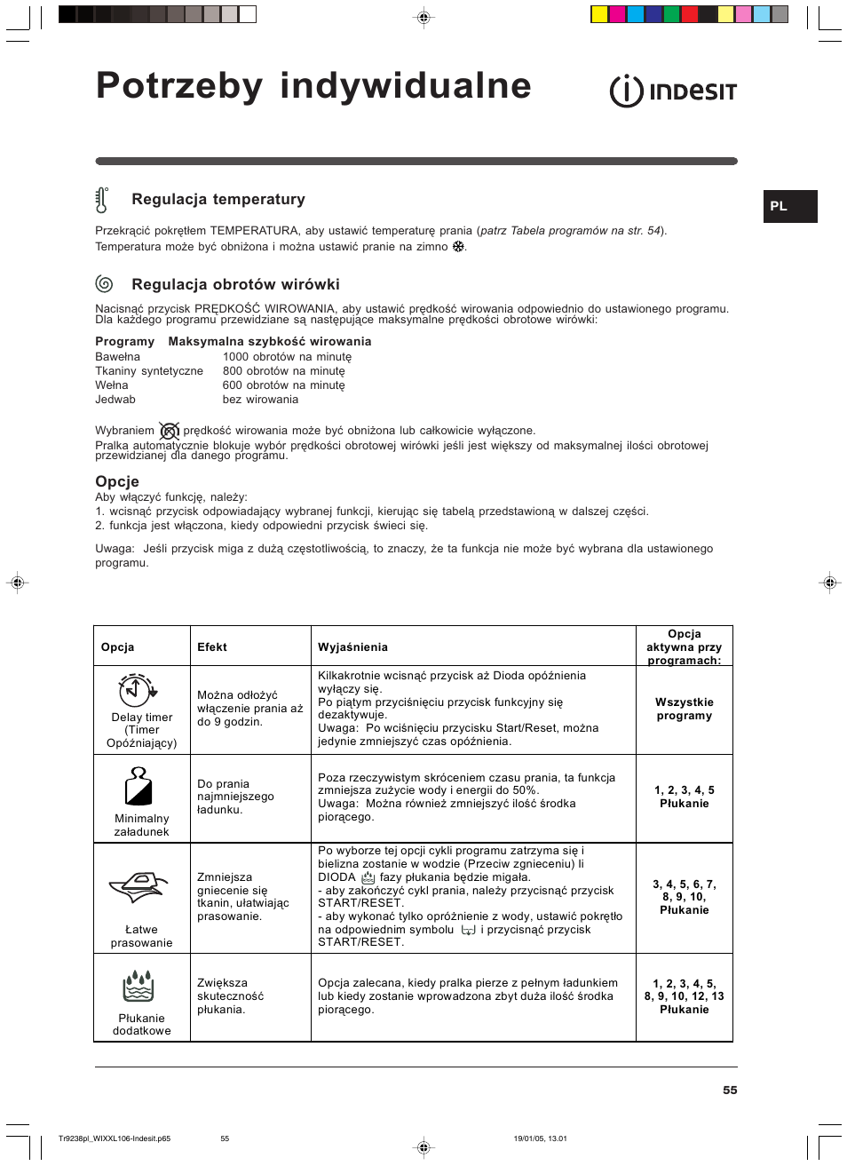 Potrzeby indywidualne, Regulacja temperatury, Regulacja obrotów wirówki | Opcje | Indesit WIXXL 106 User Manual | Page 55 / 84