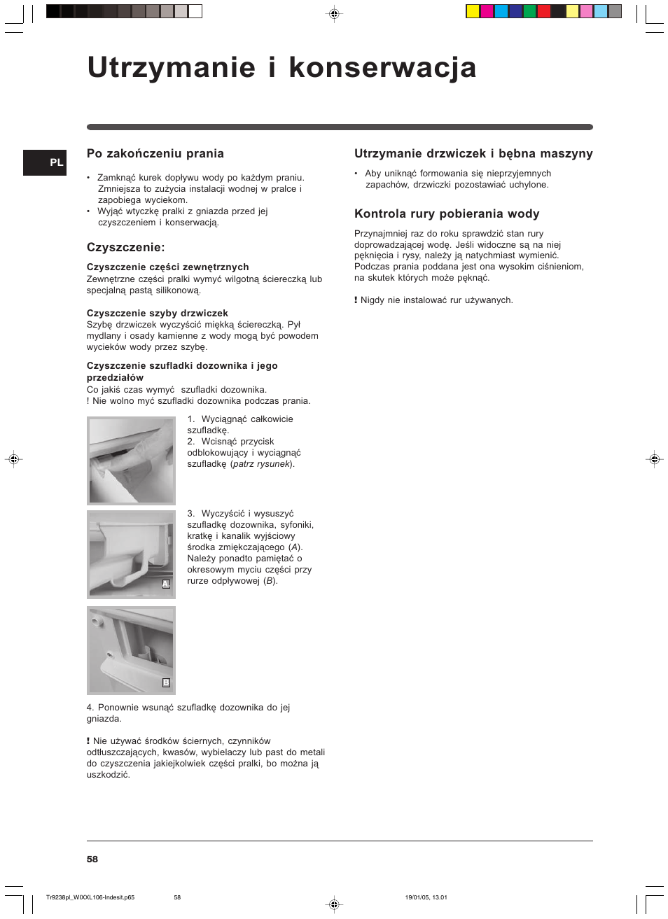 Utrzymanie i konserwacja | Indesit WIXXL 106 User Manual | Page 58 / 84