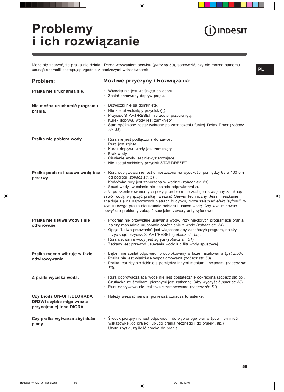 Problemy i ich rozwiązanie | Indesit WIXXL 106 User Manual | Page 59 / 84