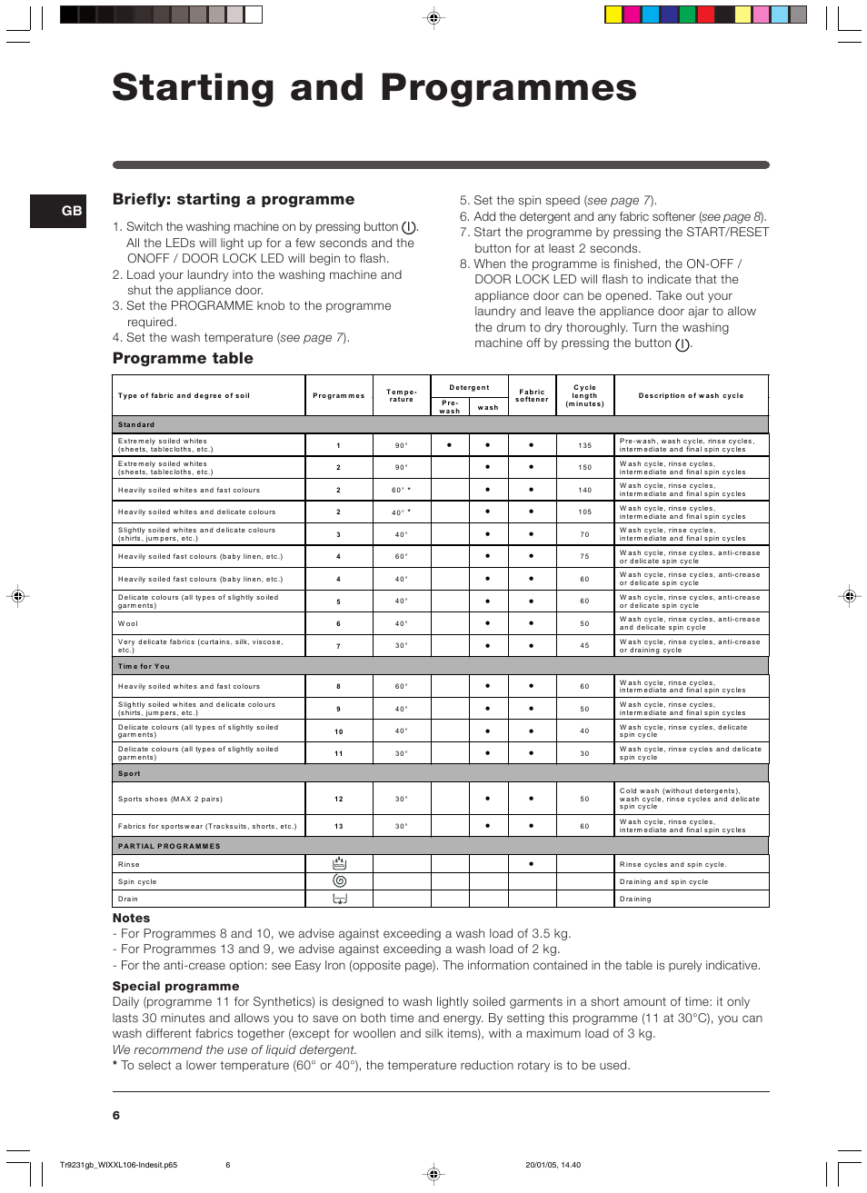 Starting and programmes, Briefly: starting a programme, Programme table | Indesit WIXXL 106 User Manual | Page 6 / 84