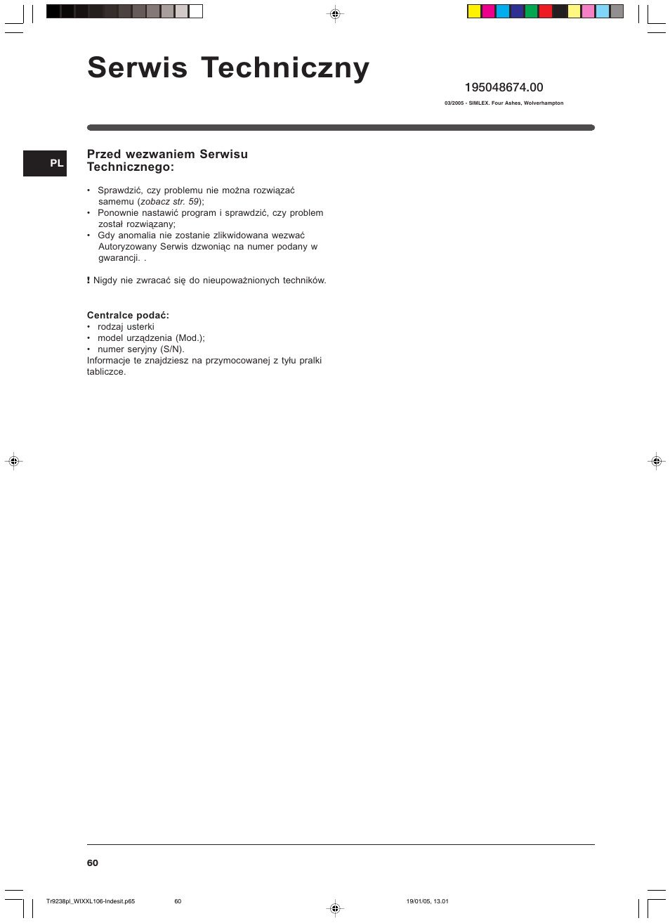 Serwis techniczny | Indesit WIXXL 106 User Manual | Page 60 / 84