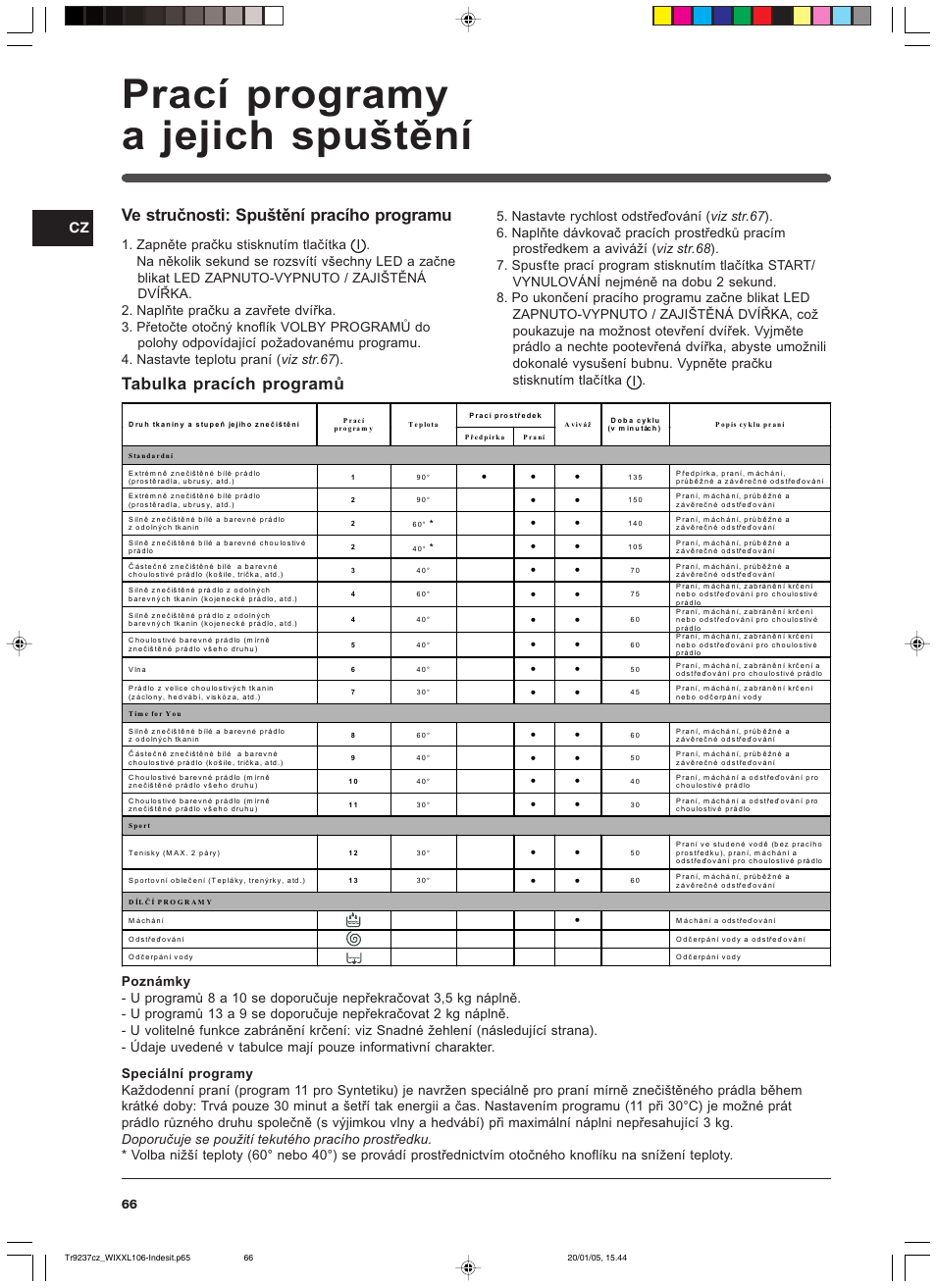 Prací programy a jejich spuštění, Ve stručnosti: spuštění pracího programu, Tabulka pracích programů | Indesit WIXXL 106 User Manual | Page 66 / 84