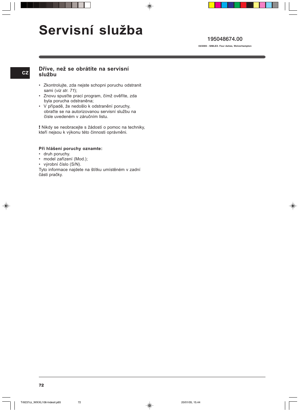 Servisní služba | Indesit WIXXL 106 User Manual | Page 72 / 84