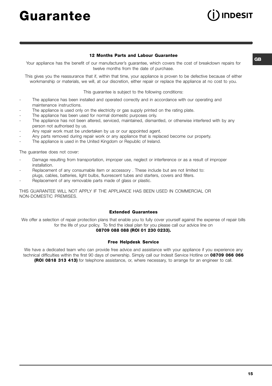 Guarantee | Indesit WIXXE 167 S User Manual | Page 15 / 16
