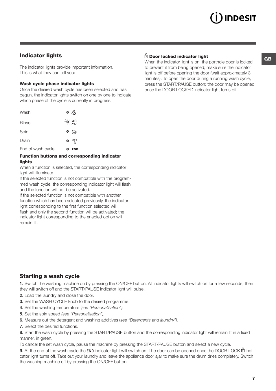 Indicator lights, Starting a wash cycle | Indesit IWD71250 User Manual | Page 7 / 16