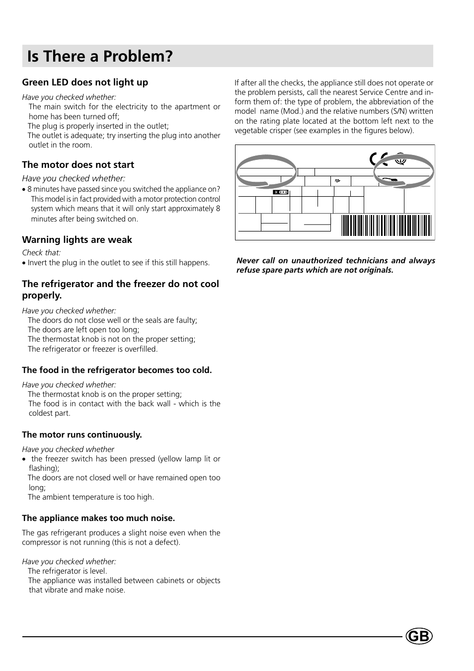 Is there a problem, Green led does not light up, The motor does not start | Warning lights are weak | Indesit B 33 FNF X User Manual | Page 13 / 16